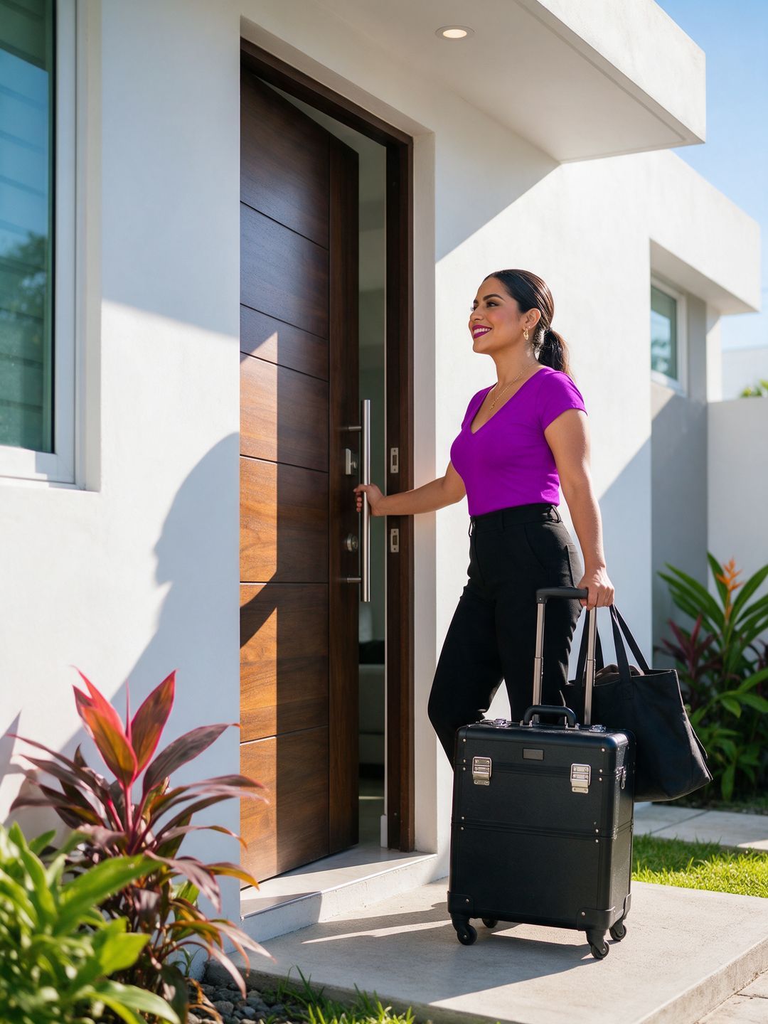 Profesional Lady D llega con su maleta a la casa de una clienta